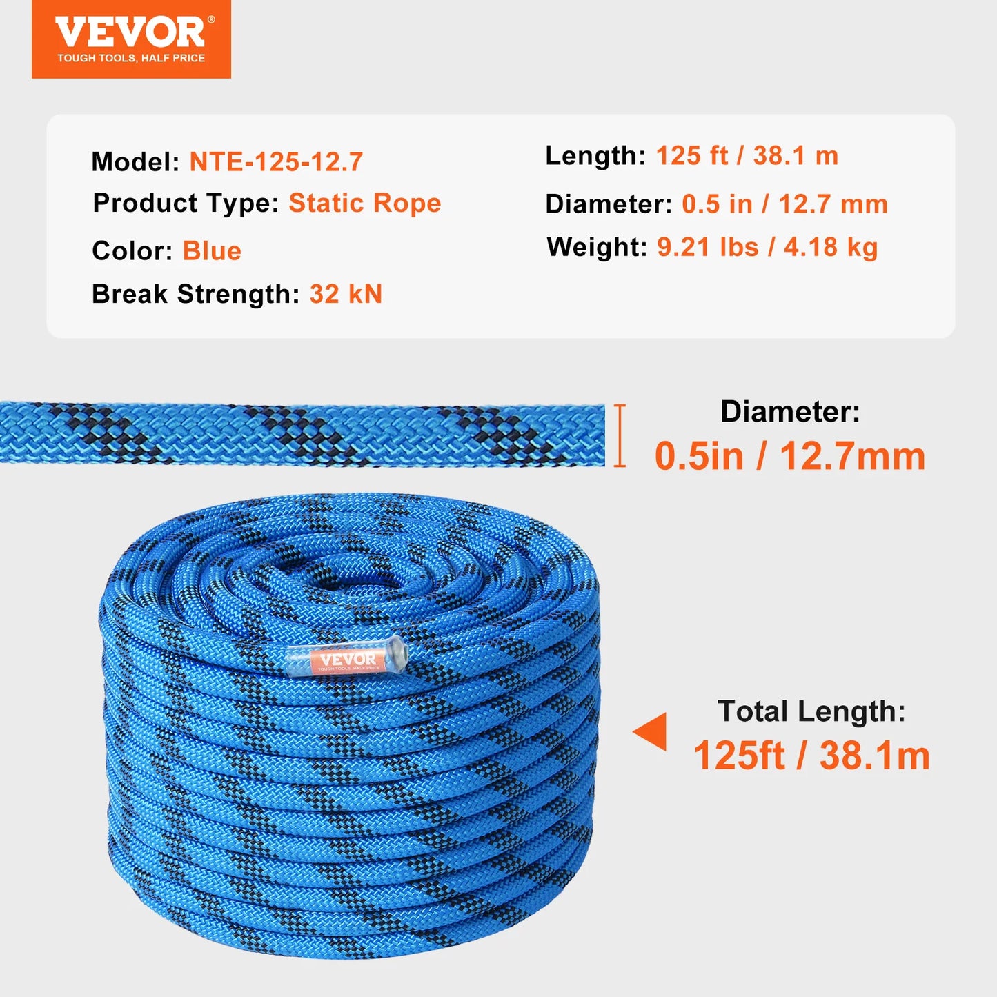 VEVOR Static Climbing Rope for Outdoor Rock Climbing CE Certified