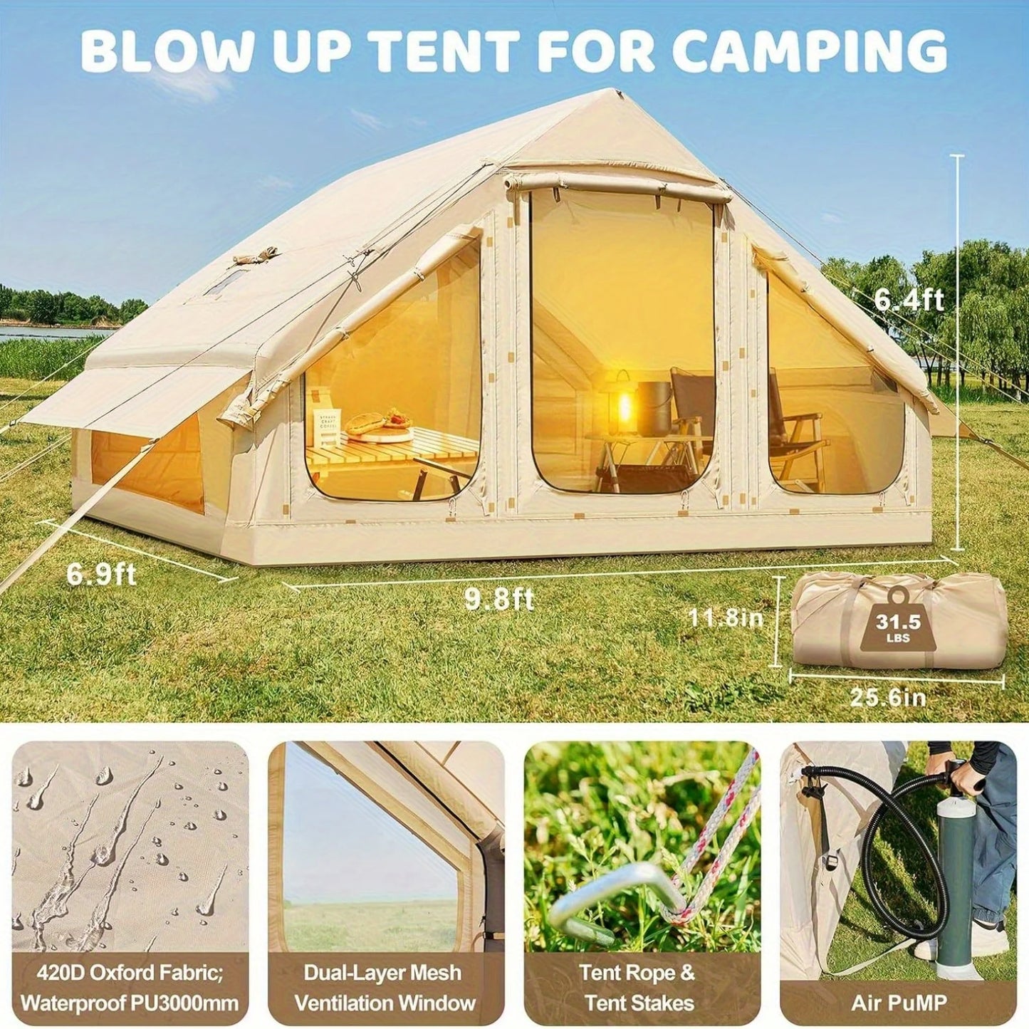 Inflatable Family Tent For 3-6 People With Skylight Chimney
