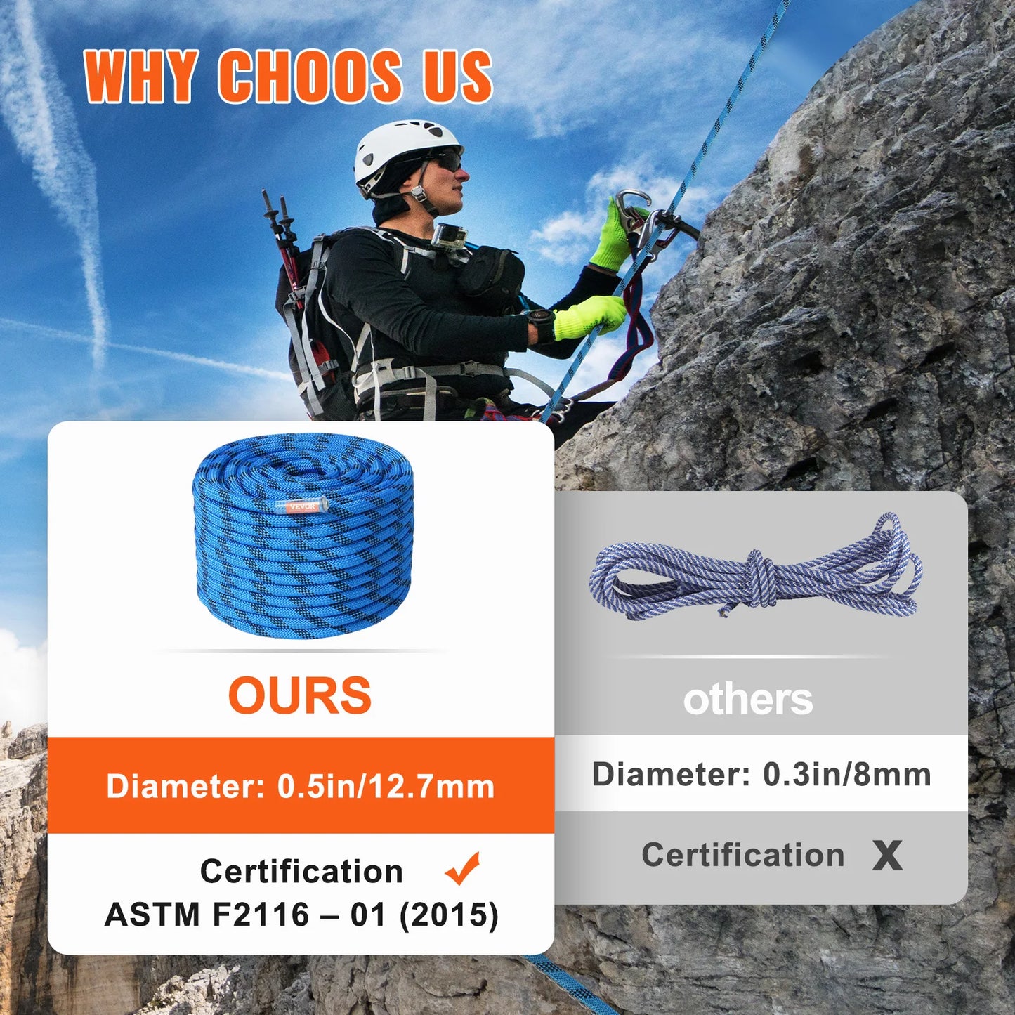 VEVOR Static Climbing Rope for Outdoor Rock Climbing CE Certified