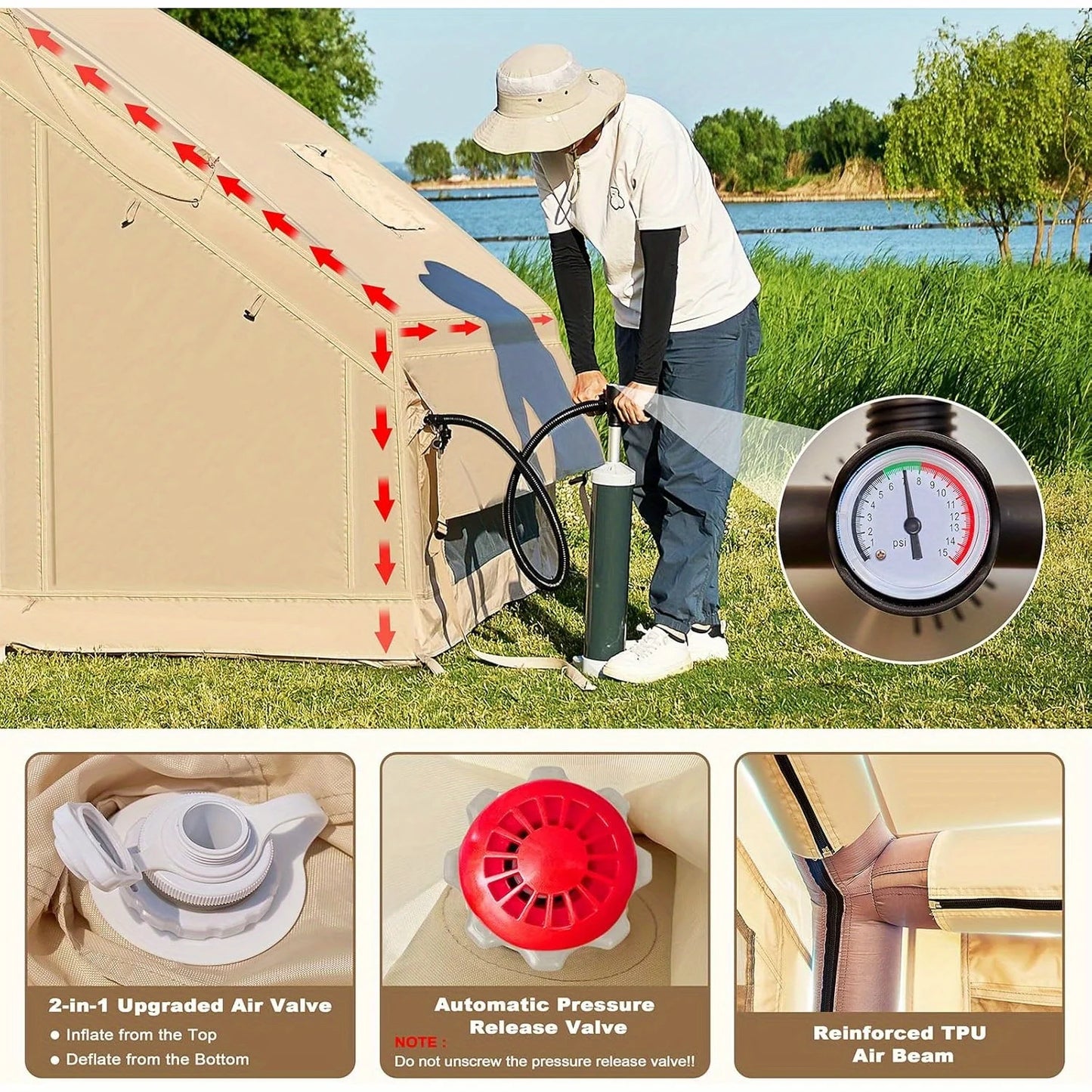 Inflatable Family Tent For 3-6 People With Skylight Chimney