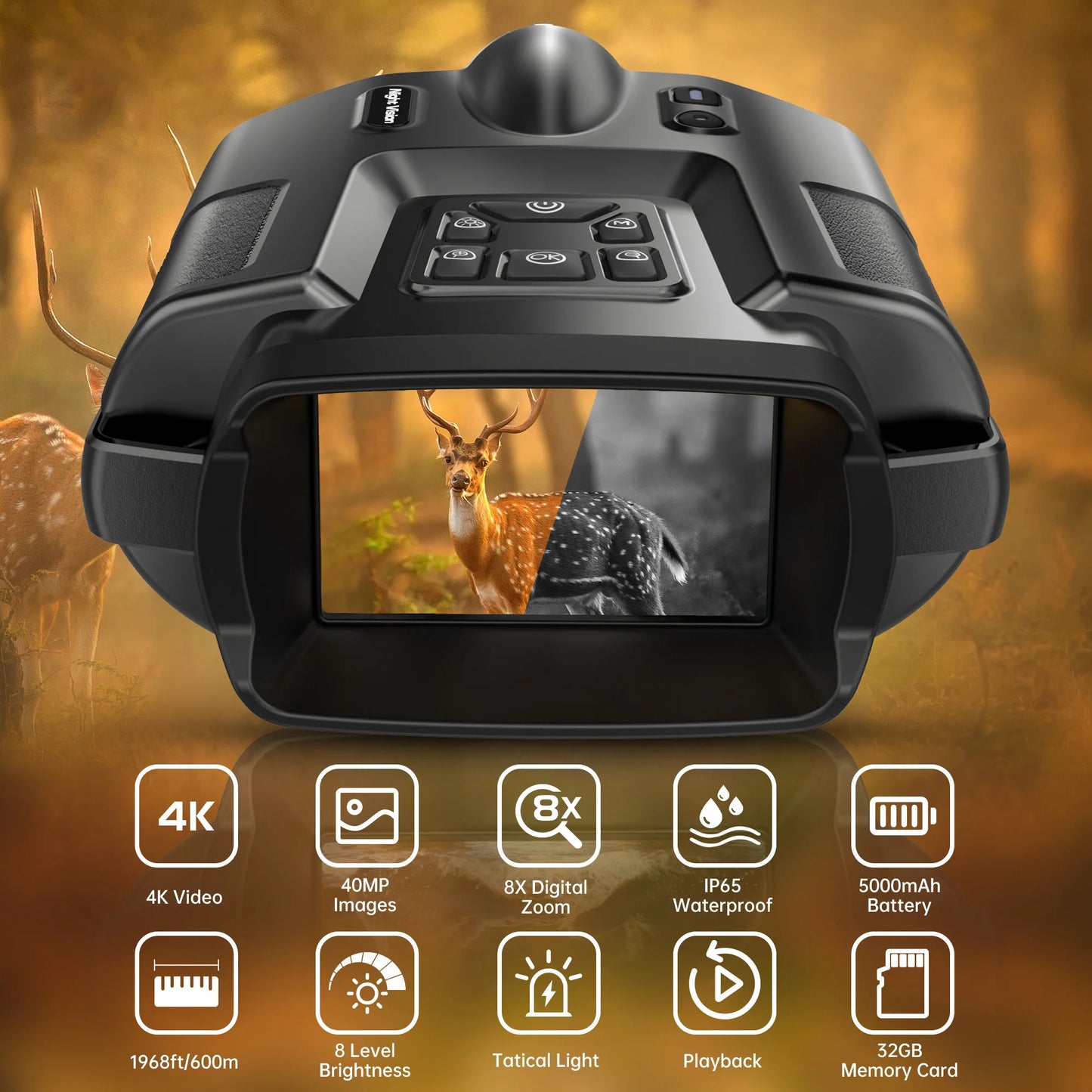 DIYIME Night Vision Binoculars 4K Infrared 8X Zoom for Hunting